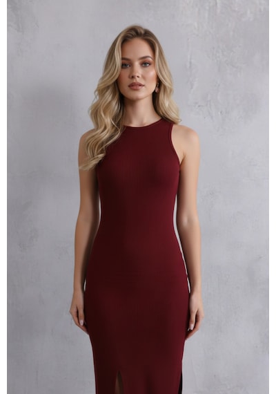 Defymoda Kadın Bordo Halter Yaka Yırtmaçlı Pamuklu Fitilli Likralı Kaşkorse Slim Fit Midi Elbise Bordo