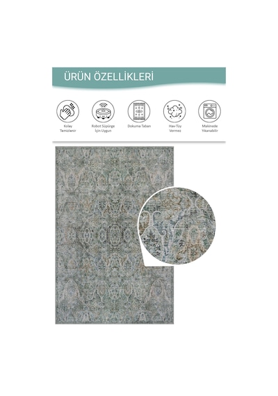 Artloop Folk Yeşil Vintage Klasik Madalyon Desenli Dokuma Tabanlı Şönil Halı Al 600 Yeşil Madalyon