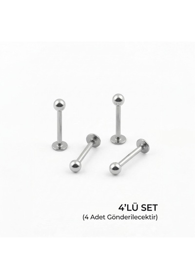 4'lü Kararmaz Cerrahi Çelik Top Uçlu Labret Piercing Tragus Helix Dudak Burun Conch Kıkırdak Küpesi Gümüş