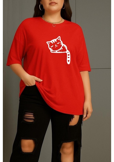 Büyük Beden Çizgili Uykusuz Kedi Baskılı Unisex Tişört Kırmızı