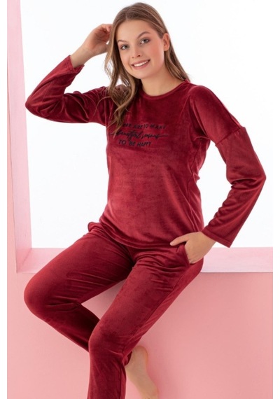 Farya Home Luxury Velvet Fransız Kadife Yazı Detaylı Pijama Takımı Bordo