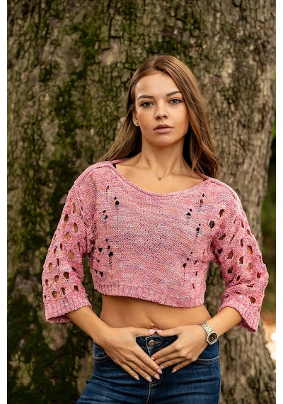 Verdeblanco Yırtık Detaylı Örme Crop Top Açık Pembe