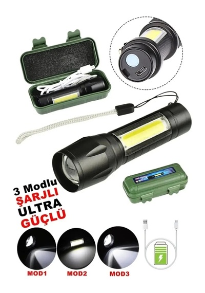 Derwell Usb Şarj Edilebilir Led Lamba El Feneri Küçük Taşınabilir Siyah