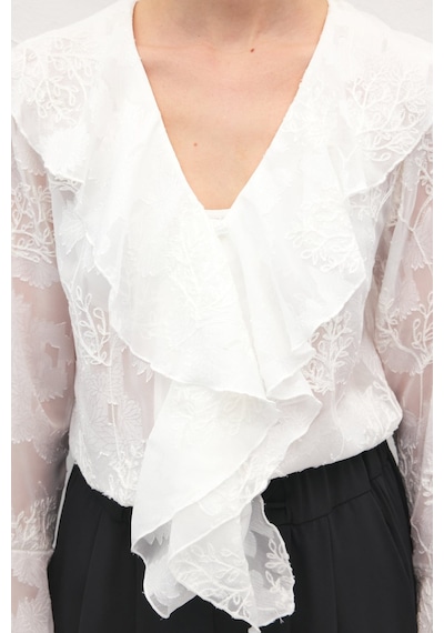 Sateen Fırfır Detaylı Nakışlı Gömlek - Ekru-137183 ekru