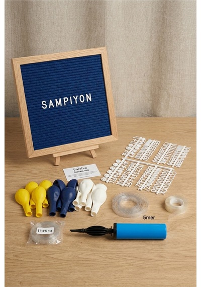 Sarı Lacivert Taraftar Süsleme Classic Set Siyah Keçe Yazı Panosu Standlı Balon Zincirli El Pompası Taraftar Seti 10 - 12 Yaş