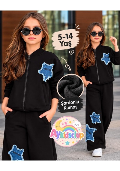 Kız Çocuk Kot Yıldız Detaylı Şardonlu Fermuarlı Sweatshirt Ve Bol Paça Eşofman Takımı 43183 S- Siyah Kız Çocuk Kot Yıldız Detaylı Şardonlu Fermuarlı Sweatshirt Ve Bol Paça Eşofman Takımı 43183 S- Siyah