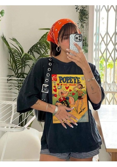Flood Of Style Kadın Siyah Popoye Baskılı Oversize