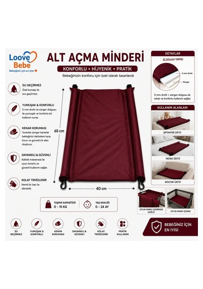 Bebek Alt Açma Minderi Bakım Örtüsü Silenebilir Kolay Kullanım 65 X40 Cm Bordo