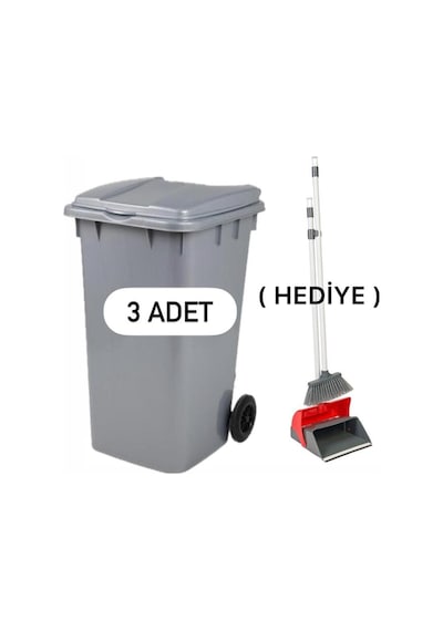 3 Adet Plastik Çöp Konteyneri 240 Lt Isıya Karşı Dayanıklı Kapaklı Faraş Hediyeli Gri