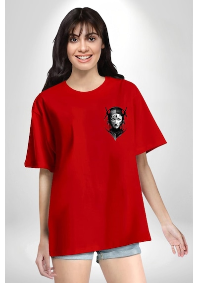Asyalı Japon Samuray Savaşcı Kırmızı Oversize Unisex Ön Ve Sırt Baskılı Tişört Kırmızı