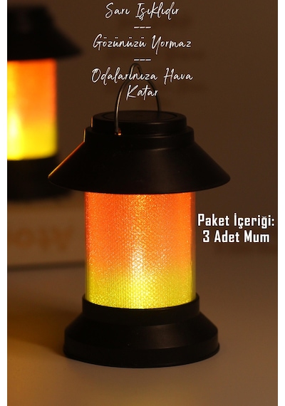3lü Led Mum Sokak Lambası Tip Kulplu Dumansız Pilli Alevli Dekoratif Yapay Mum Işıldak Siyah 1036-9