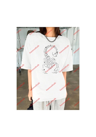 Tarzsokak Unisex Akrep Baskılı Tshirt Beyaz