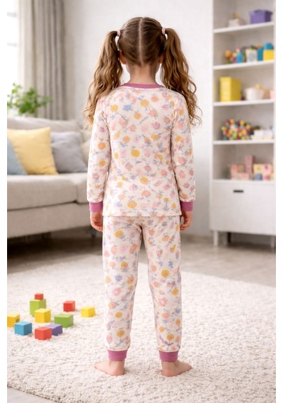 Kız Çocuk Flower Desenli 8 - 13 Yaş Pijama Takımı Krem