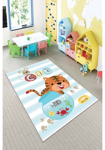 Mavi Kaymaz Tabanlı Yıkanabilir Kedili Bebek Halısı Ar046n11