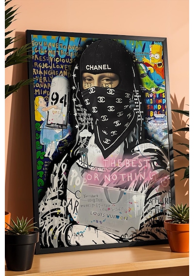 Chanel Maskeli Mona Lisa Çerçeveli Tablo Lüks Butik Güzellik Salonu Dekoru Street Art