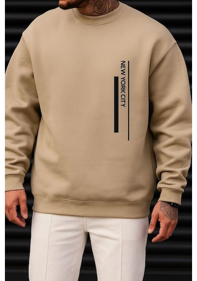 Benroma 3 İplik Penye New York Cıty Baskılı Unisex Sweatshırt Bej