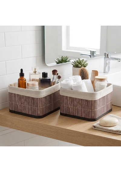 Bambu Çok Amaçlı Saklama Kutusu Düzenleyici Kare Organizer, Dekoratif Bambu Düzenleyici Gri 20x20x13cm 4 Adet Diğer
