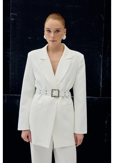 Sateen Kemer Detaylı Blazer Ceket Ekru