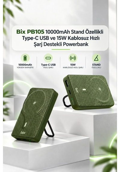 Exenar - Yeşil - 10000mah Standlı Pd20w Type-c - Usb-a Scp22.5w - 15w Kablosuz Hızlı Şarj Led Göstergeli Powerbank Haki Yeşil Exenar - Yeşil - 10000mah Standlı Pd20w Type-c - Usb-a Scp22.5w - 15w Kablosuz Hızlı Şarj Led Göstergeli Powerbank Haki Yeşil