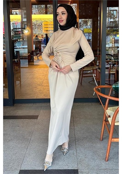 Neşeli Butik Kadın Likralı Düğme Detaylı Tesettür Elbise Nms046 Bej