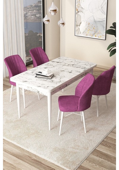 Canisa Arp Serisi 70x110 Sabit Mutfak Masası Takımı Beyaz Mermer Desen Masa 4 Mor Sandalye Masa Beyaz Sandalyeler Mor Canisa Arp Serisi 70x110 Sabit Mutfak Masası Takımı Beyaz Mermer Desen Masa 4 Mor Sandalye Masa Beyaz Sandalyeler Mor