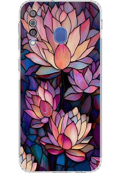 Printify Samsung Galaxy M30 İle Uyumlu Vitray Sessiz Lotus Tasarımlı Şeffaf Silikon Kılıf Şeffaf