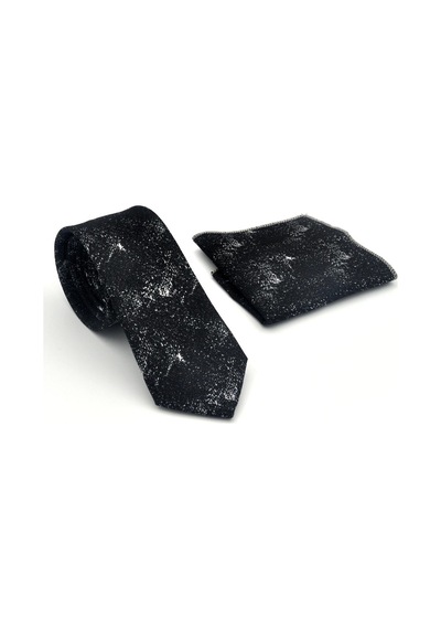 Gaffy Beyaz Desenli Siyah Dokuma Kumaş Mendilli Slim Fit Kravat // Sdk-2613-1 Siyah