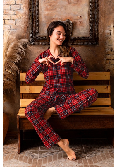 Nisanca Kışlık Düğmeli Ekose Desen Yılbaşı Temalı Kadın Süet Pijama Takımı - Bordo