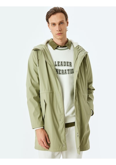 Koton Fermuarlı Slim Fit Kapşonlu Suni Deri Yağmurluk Bej 5wam20033hw Ekru