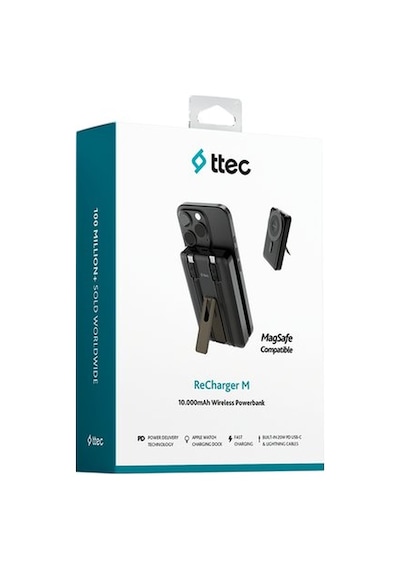 Ttec Recharger M 10.000mah Magsafe Uyumlu Pd 20w Lightning Ve Usb-c Dahili Kablolu Stantlı Taşınabil Siyah