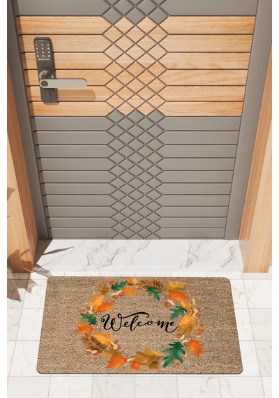 Rugmood Modern Dijtal Baskı Yapraklı Welcome Dış Kapı Önü Paspası Çok Renkli