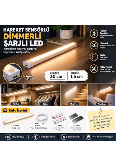 Hareket Sensörlü Şarjlı Led Lamba 30 Cm Gün Işığı