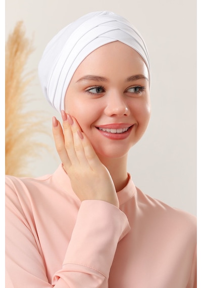 Melodi Scarf Kadın Üç Bantlı Çapraz Hazır Türban Dış Bone Beyaz Beyaz