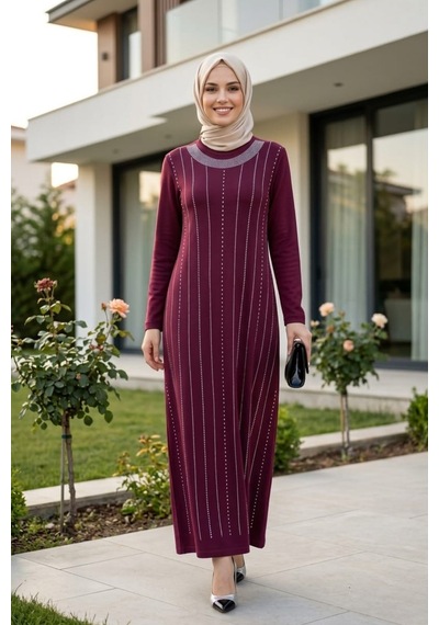 Hb Harma Time Butik Kadın Taş İşlemeli Kristal Kumaş Uzun Tesettür Bordo Elbise Bordo Bordo