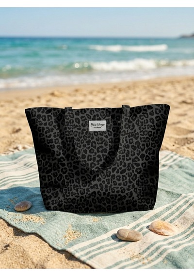 Miami Beach Leopar Desenli Siyah Parçalı Kendinden Saplı Astarlı Kadın Plaj Çantası Renkli