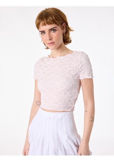Koton Bürümcük Kumaş Slim Fit Kısa Kollu Kayık Yaka Crop Tişört Pembe 6sal10639ık Gül