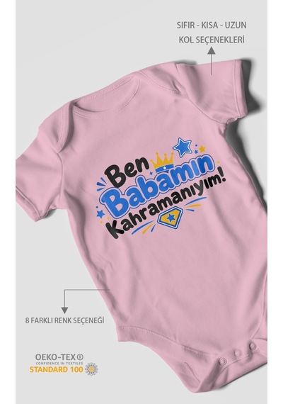 Morivokids Ben Babamın Kahramanıyım Kısa Kollu Bebek Body %100 Pamuk Koyu Pembe