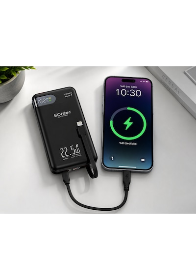Schitec Hg/pb-101 10000mah 22.5w Hızlı Şarjlı Powerbank Type-c / Lightning Kablo Dijital Göstergeli Siyah