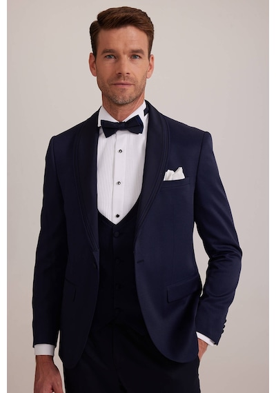 Ysf Erkek Lacivert Slim Fit Şal Yaka Yelekli Damatlık