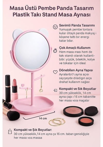 Masa Üstü Pembe Panda Tasarım Plastik Takı Stand Masa Aynası Cin716