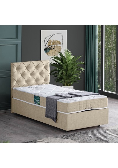 Setaymobilya Baza, Tek Kişilik Eylül Baza + Başlık + Comfort Yatak Seti, Krem