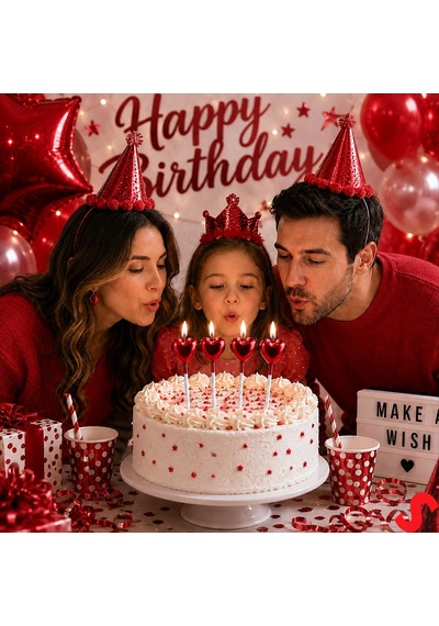 Çubuklu Metalik Kırmızı Kalp Mum - 13 Cm X 4 Adet
