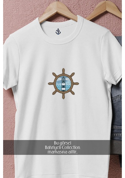 Oversize Deniz Feneri Ve Dümen Tasarım Denizci Tasarımlı Unisex T-shirt Beyaz