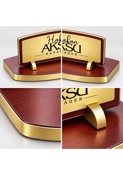 Bk Gift Kişiye Özel Ahşap Masa İsimliği Gold Plakalı Bk27 -3 Çok Renkli
