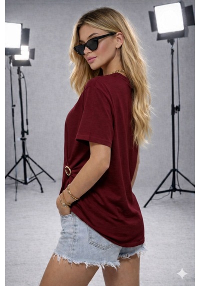 Ribana Kadın Bisiklet Yaka Kısa Kollu Gold Yan Toka Detaylı T-shirt 5035 Bordo