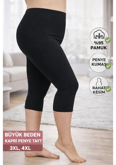 Büyük Beden Ağlı Kapri Penye Tayt Extra Büyük Beden Rahat Kalıp, Yüksek Bel Siyah