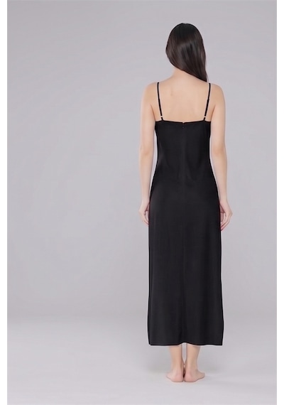 Aria'S Closet Mikro Kumaş Ayarlanabilir İp Askılı Boydan Astar Uzun Kombinezon Siyah S/m Nhr