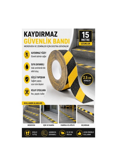 Merdiven Kaydırmaz Bant Sarı Siyah 25mm 1 Adet Mas Güvenlik Uyarı Bandı 15 Metre 2.5 Cm Yapışkanlı Basamak Mermer Beton
