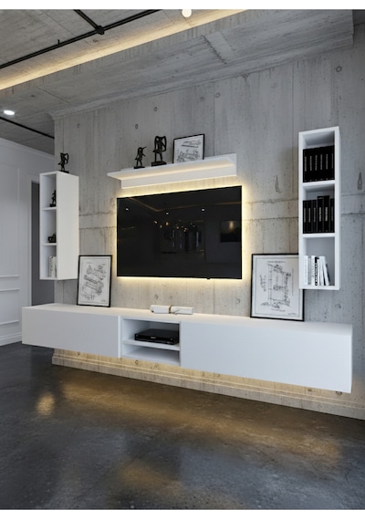 Resital Ledli Duvara Monte Tv Sehpası - Beyaz - W6001-1 Beyaz