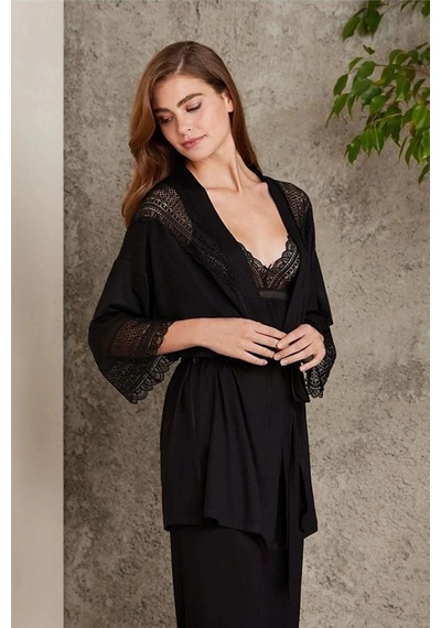 Pierre Cardin 2820 Kadın Siyah Dantelli Penye 3'lü Sabahlıklı Pijama Takım 001
